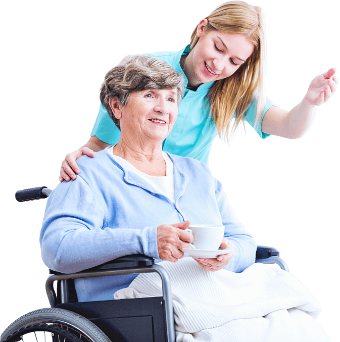 caregiver and elder woman looking at something